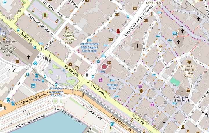 Mappa del primo tratto di Largo Carlo Felice a Cagliari, con il punto del City Bar all'angolo con via Roma